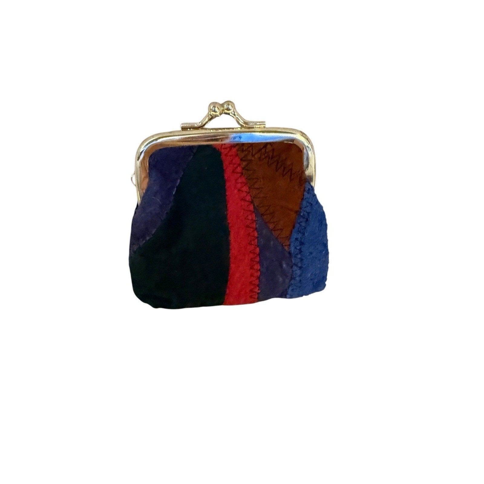 Vintage Multicolor Suede Coin Purse Kiss Lock Closure & Keyring Retro Patchwork