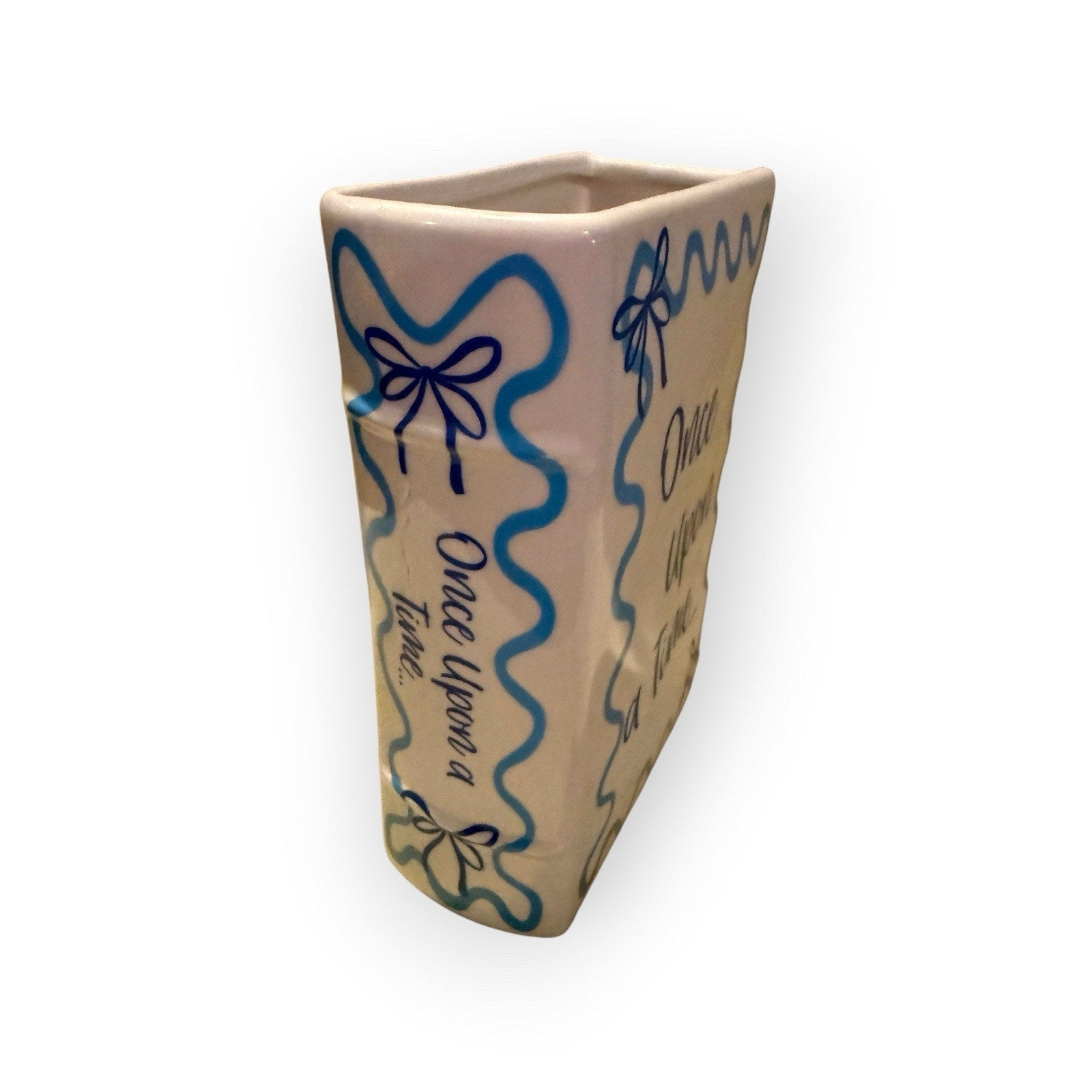 White & Blue Glossy Ceramic Rectangular Flower Vase "Once Upon a Time" Text