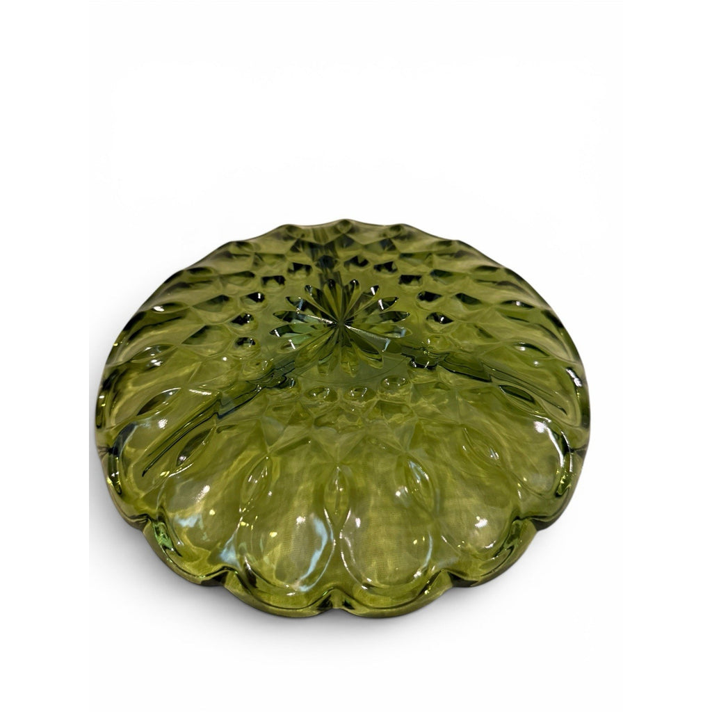 Vtg Anchor Hocking Fairfield Divided Relish Dish Avocado Green Scallop Edge 8"
