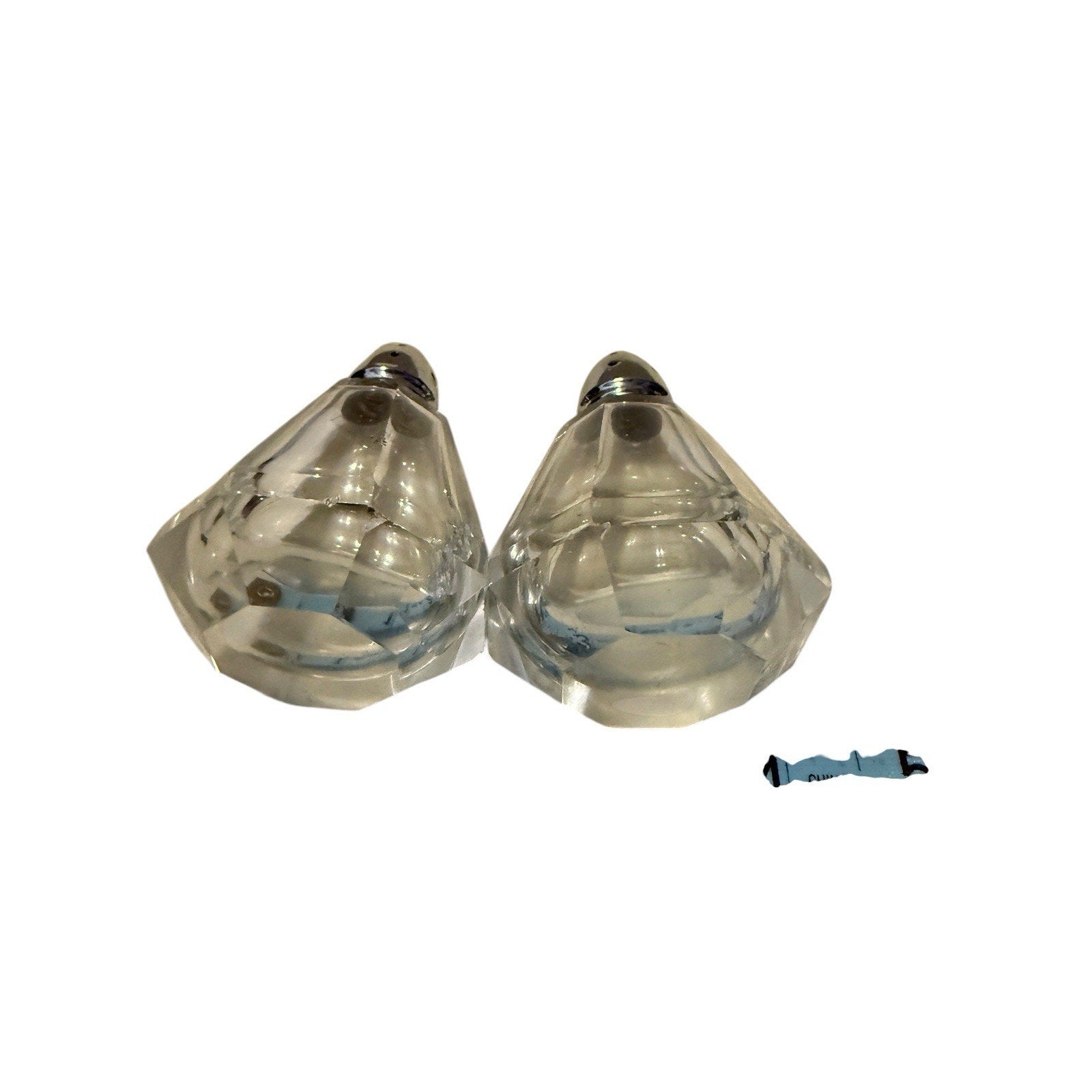 Rare Mid Century Crystal Glass Salt And Pepper Shakers With Elaborate Metal Tops