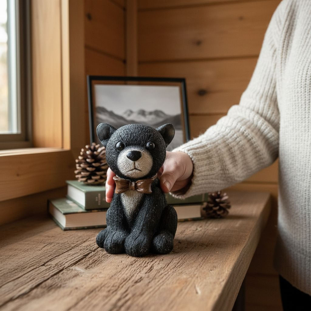 A person is holding a small black bear figurine with a bow tie on a wooden surface, with a framed picture and pine cones in the background.