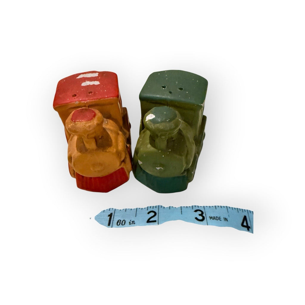 Train Engine Salt & Pepper Shakers Vintage Ceramic Orange Green made in Japan