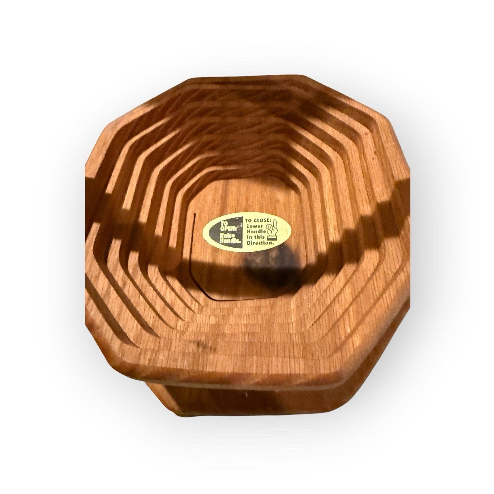 Octagonal Wooden Collapsible Candy Basket Wood Trivet Dish Bowl w/handle 7.25”