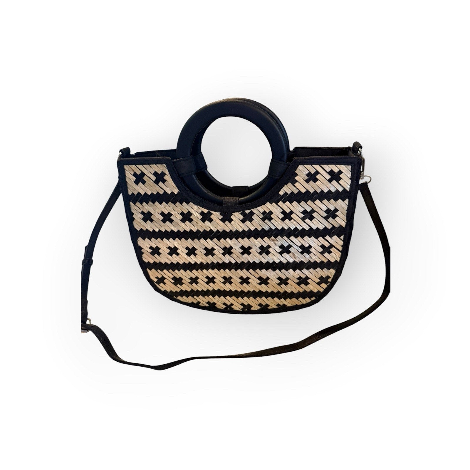 Black Woven Crescent Shoulder Bag Top Handle Women's Purse