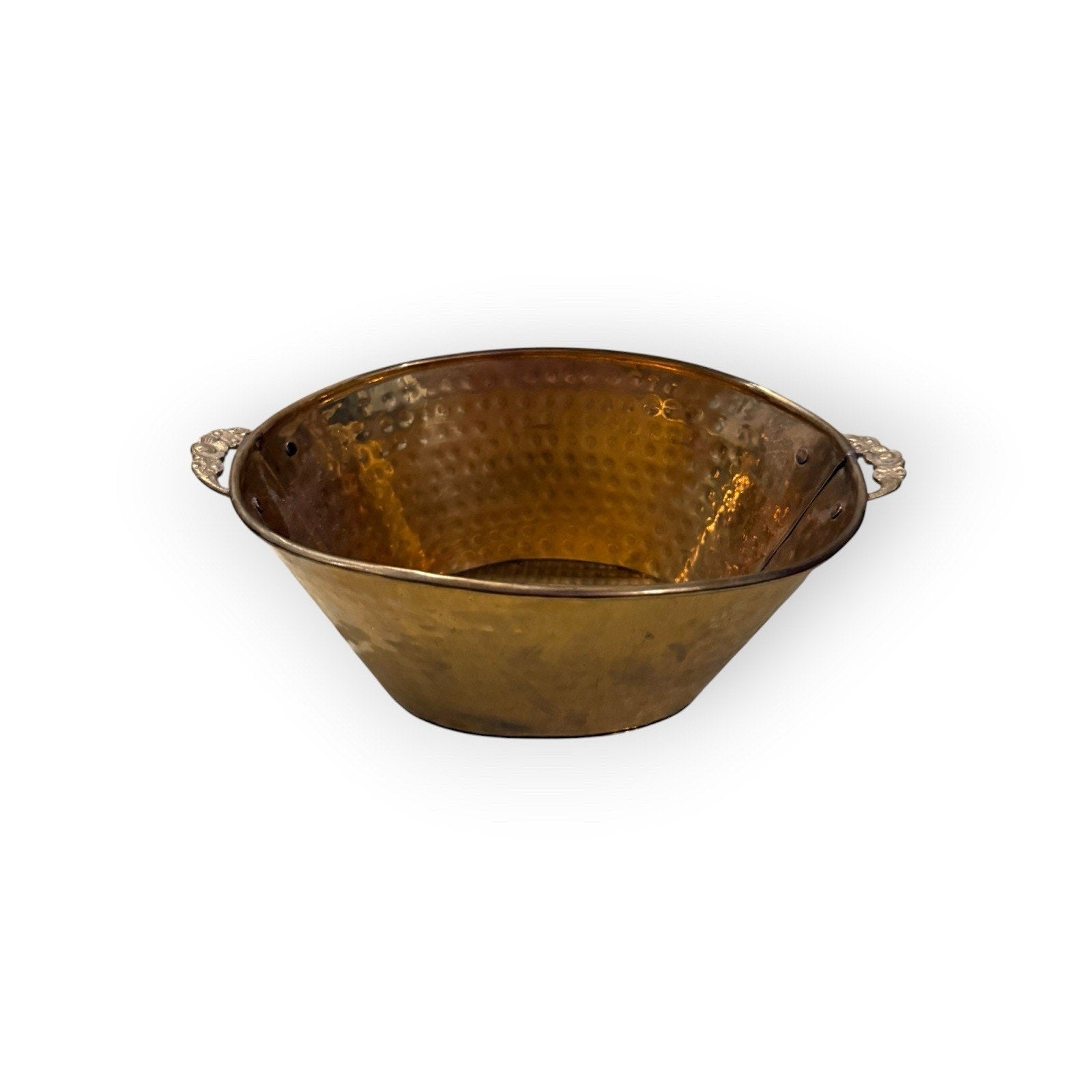 Vintage Footed Brass Hammered Oval Pot Basket Tray Planter Handles Classic