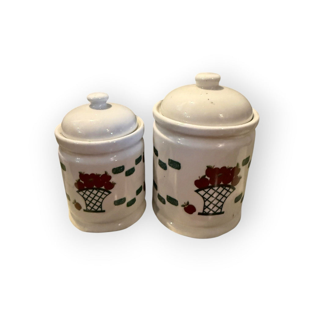 GEI Stoneware Pottery Red Apples In Basket Canister Set Of 4 Piece With Lids