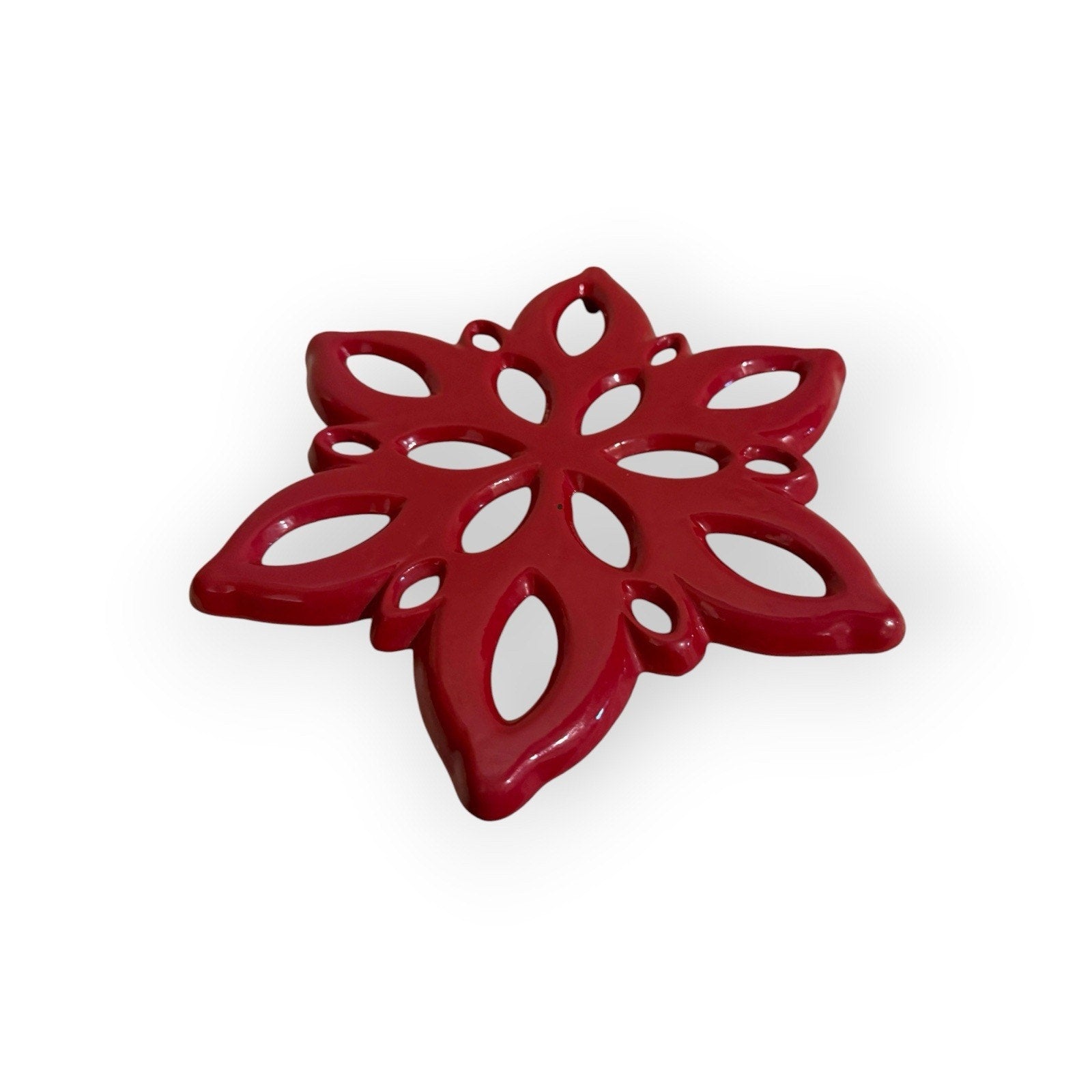 Vintage Cast Iron Snowflake Trivet Red Enamel Glazed Hangable Kitchen Decor