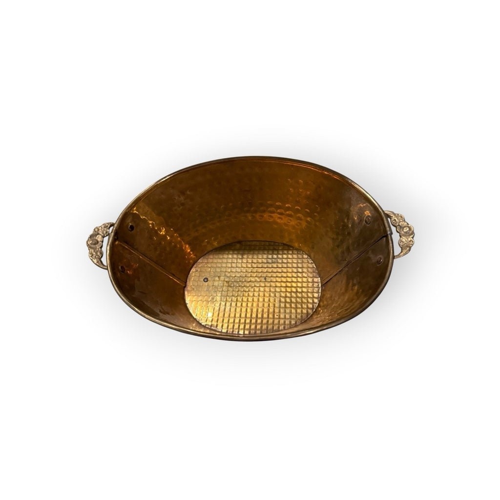 Vintage Footed Brass Hammered Oval Pot Basket Tray Planter Handles Classic