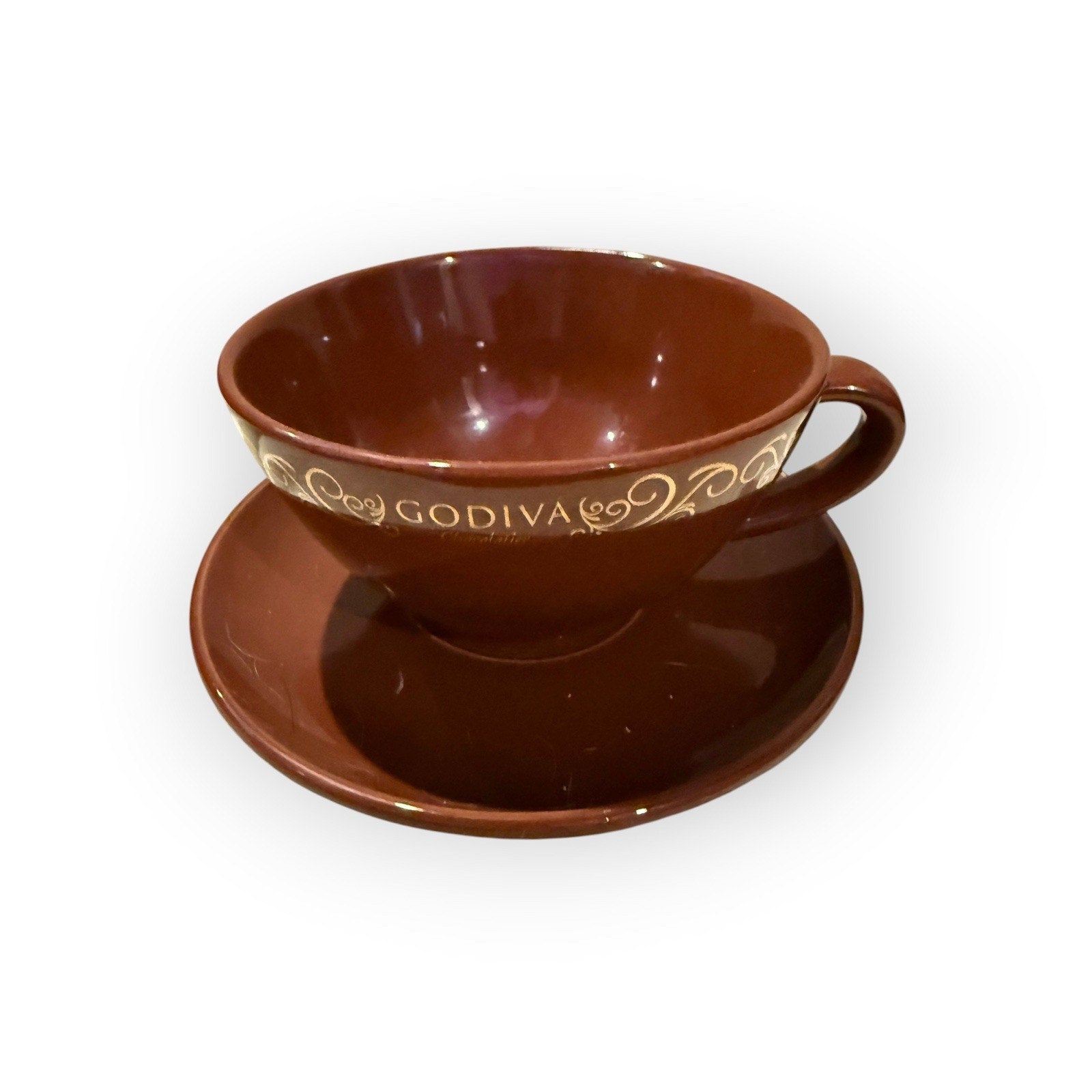California Pantry Godiva Chocolate Brown Gold Swirls Large 14oz Cup & Saucer