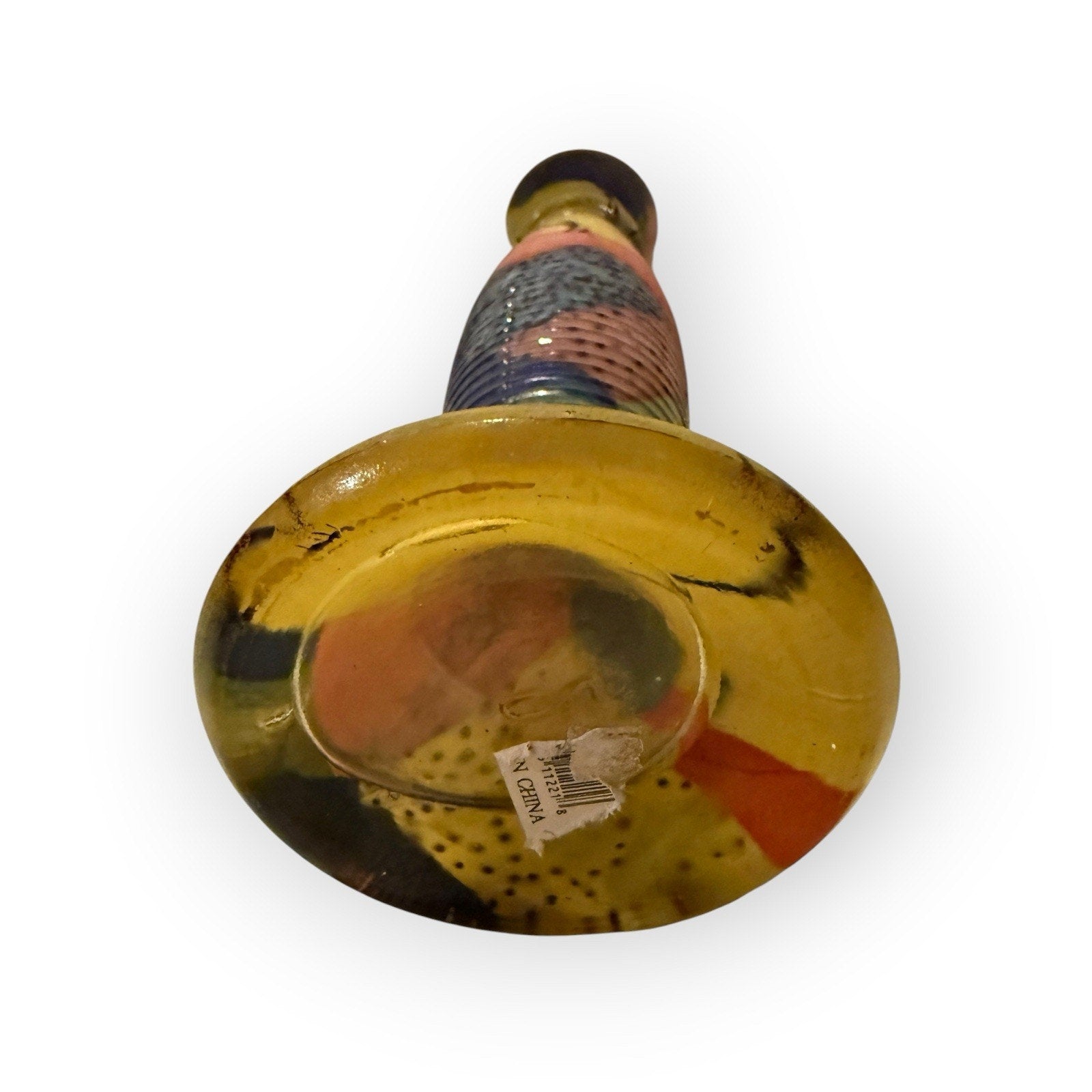 Colorful Hand Painted Art Glass Vase/Candlestick, Yellow, Green, Red & Blue 7.5”