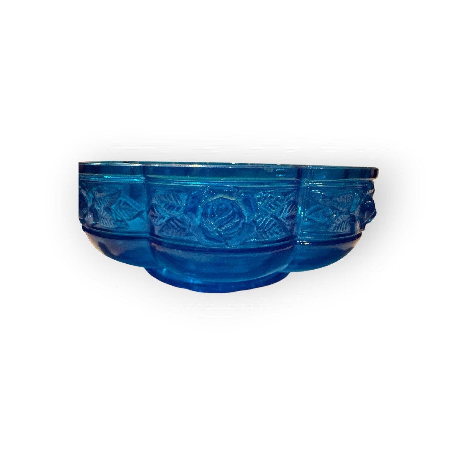 Vintage Jeanette Blue Bowl w Scalloped Edge & Handles Rose Floral Relief
