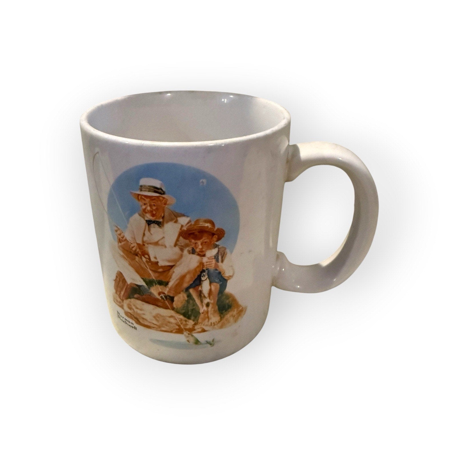 Norman Rockwell Fisherman Catching the Big One Coffee Cup Mug 1987 Collection