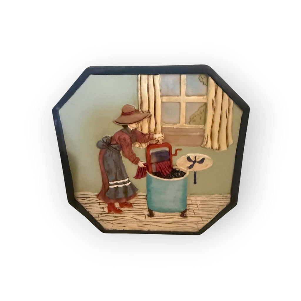 Vintage Heavy 3D Resin Laundry Room Lady Wall Art 7.5”Ready To Hang Octagon