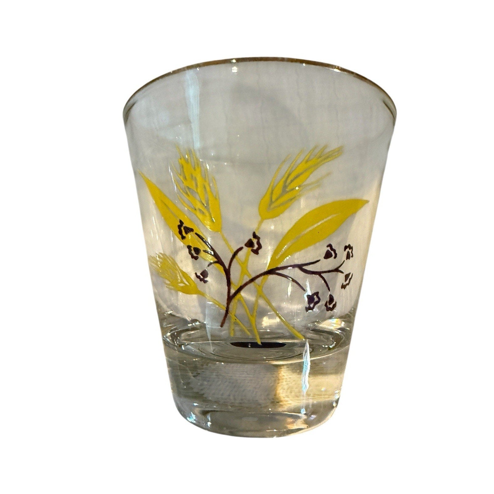 MCM Homer Laughlin Whiskey & Shot Glass Yellow Brown Gold Rim Wheat Design 2 pcs
