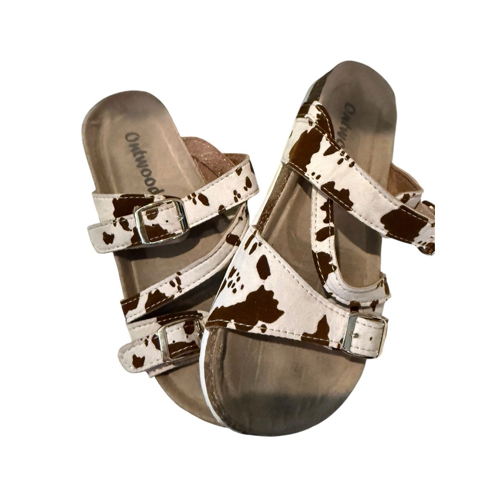 Outwoods Cow Print Sandals Women’s 6 Boho Western Buckle Slides