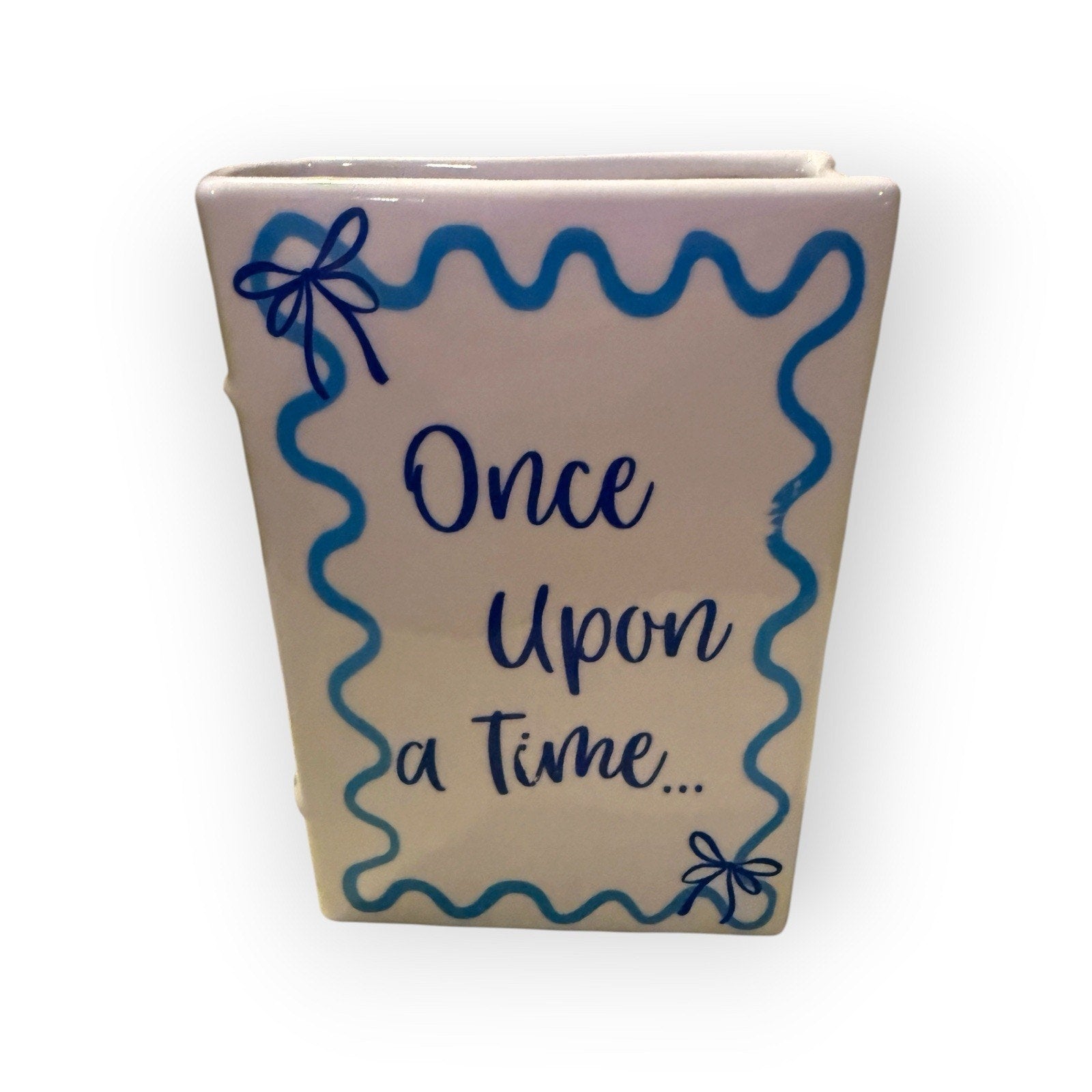 White & Blue Glossy Ceramic Rectangular Flower Vase "Once Upon a Time" Text