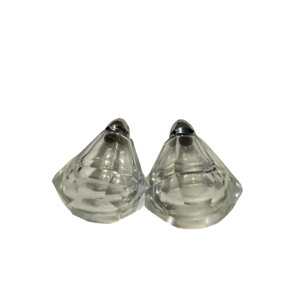 Rare Mid Century Crystal Glass Salt And Pepper Shakers With Elaborate Metal Tops