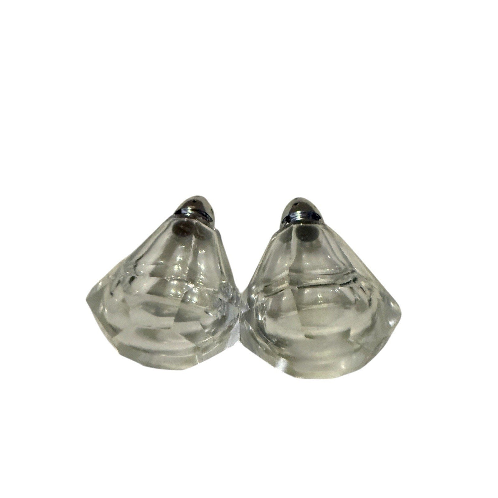 Rare Mid Century Crystal Glass Salt And Pepper Shakers With Elaborate Metal Tops