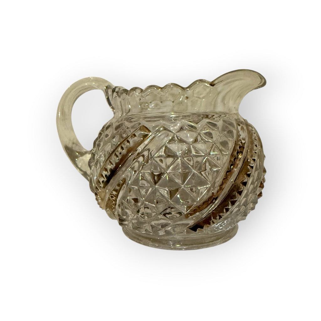 Vintage Brilliant Pressed Glass Creamer Gold Trim Diamond Star Pattern Scalloped