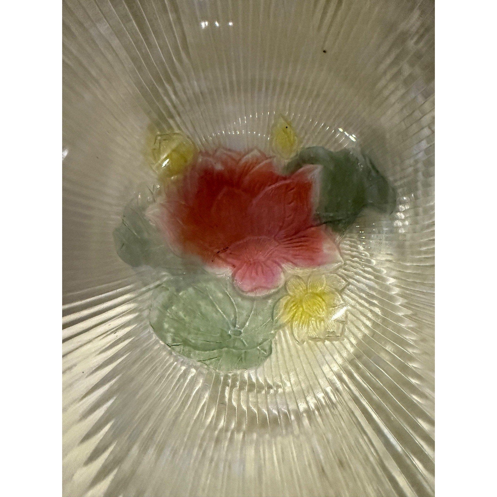 Ribbed Glass Fruit Bowl with Colored Flowers on the Bottom ~ 9.5"