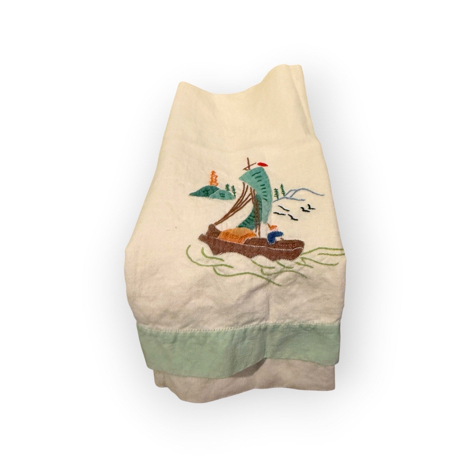 Vintage embroidered appliqué ship boat linen tea hand towel #1