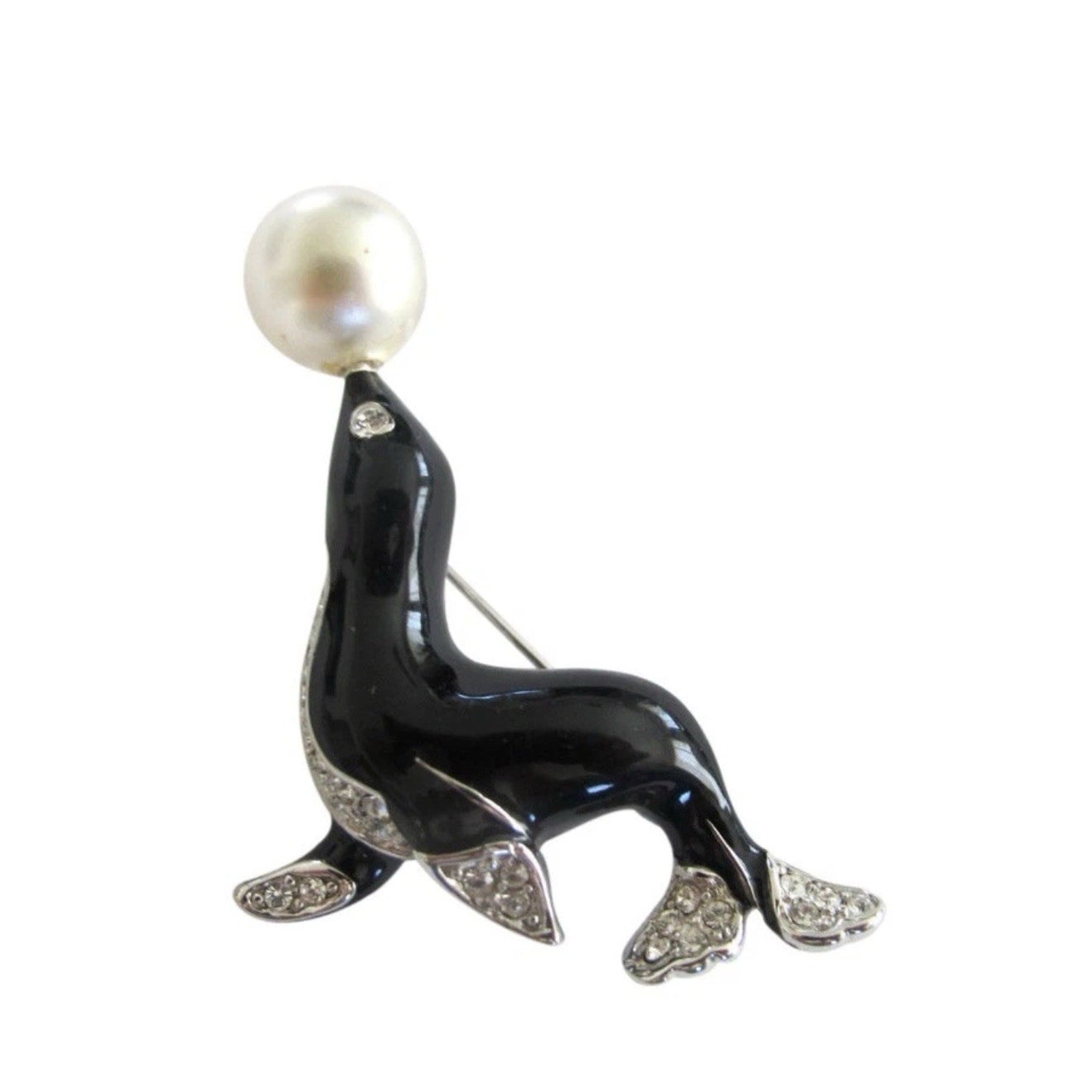KJL Kenneth Jay Lane Enamel Rhinestone & Pearl Figural Seal Brooch Pin