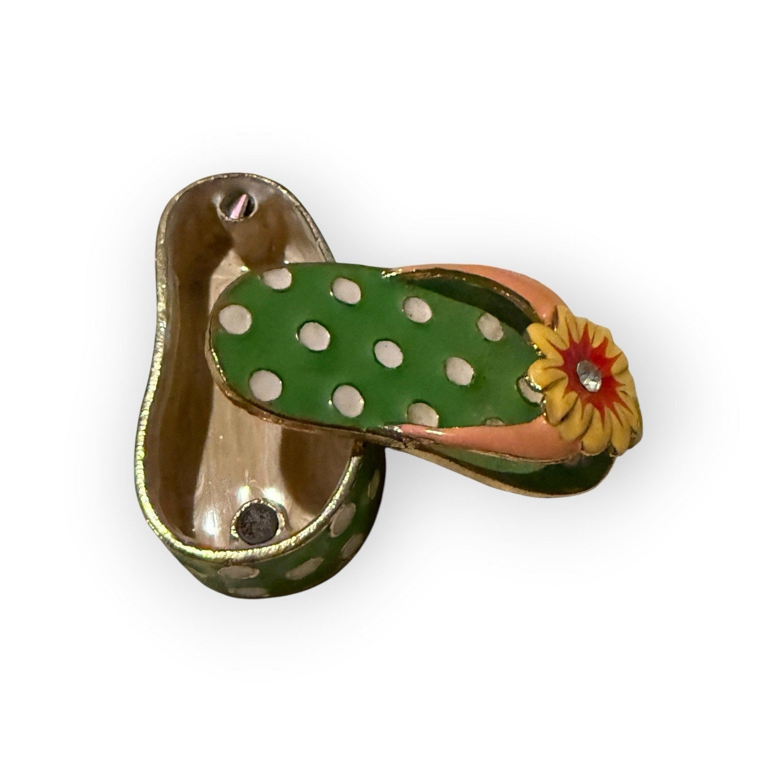Enameled cute flip flop flower rhinestone trinket jewelry box magnetic gold gift
