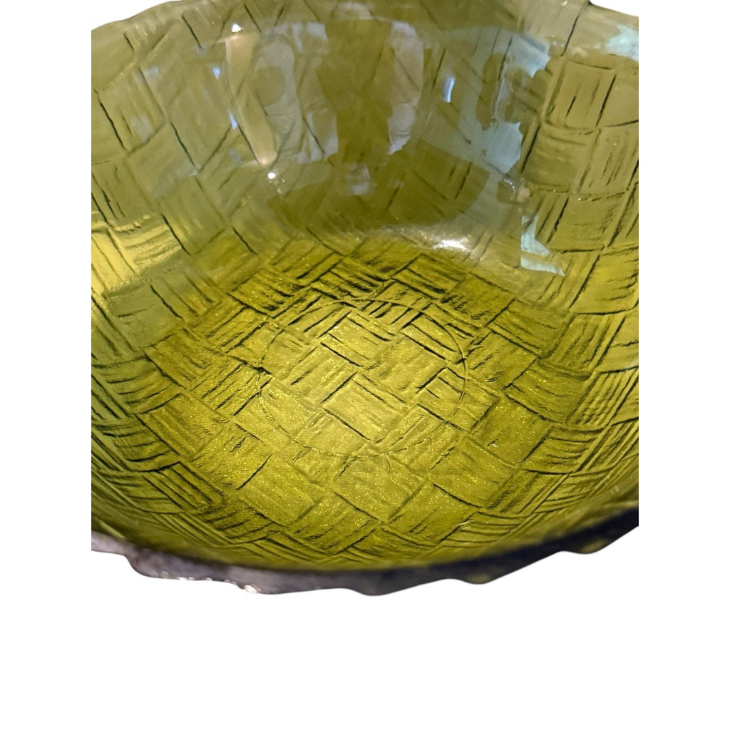 Indiana Glass basket weave bowl in avocado green. 9 Inches Wide