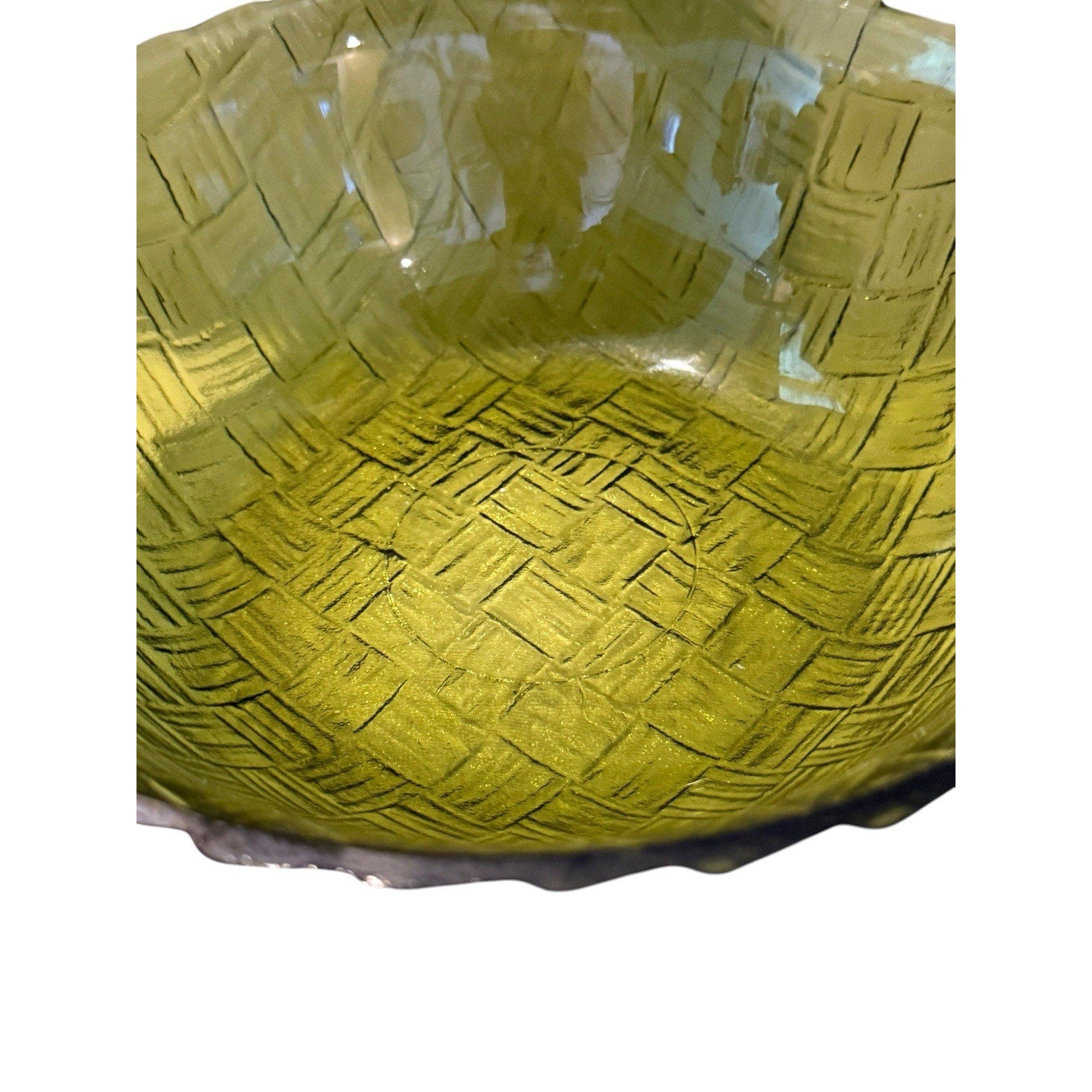 Indiana Glass basket weave bowl in avocado green. 9 Inches Wide