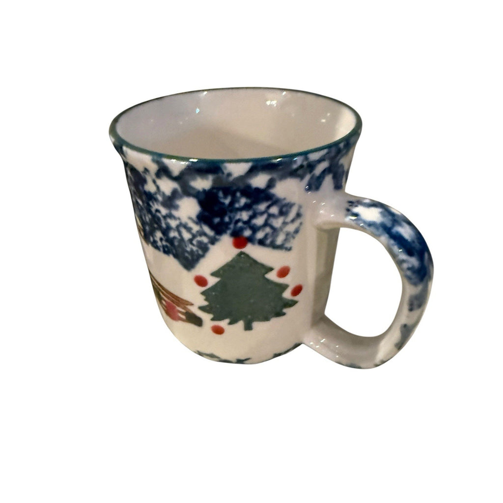 Tienshan Folk Craft Cabin In The Snow 2 Coffee Mugs Spongeware Christmas Cups