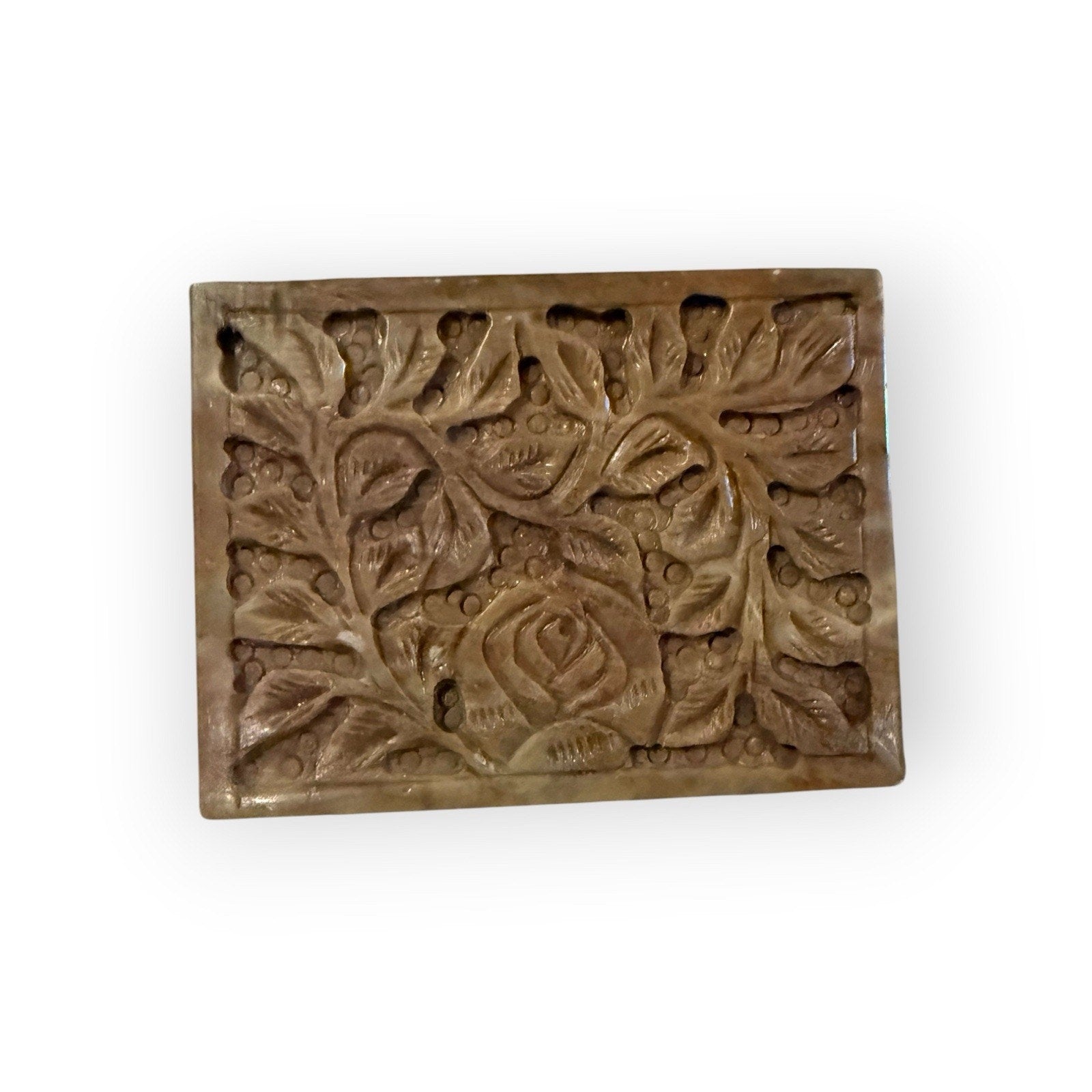 Stone Hinged Lidded Box Chiseled Leaf Motif Cutout Lid 4X3 Soapstone Trinket Box