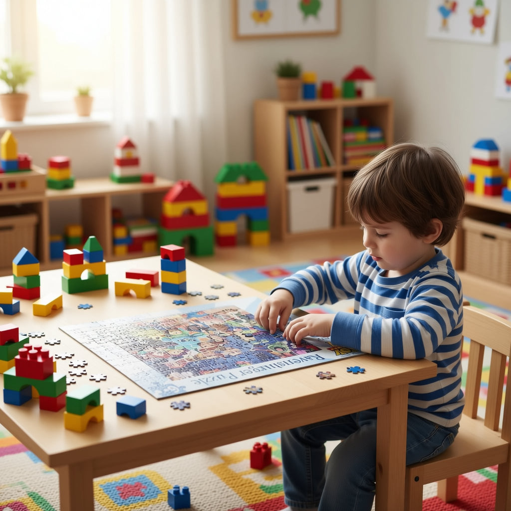 A man is sitting on the floor and working on a jigsaw puzzle on a wooden table.