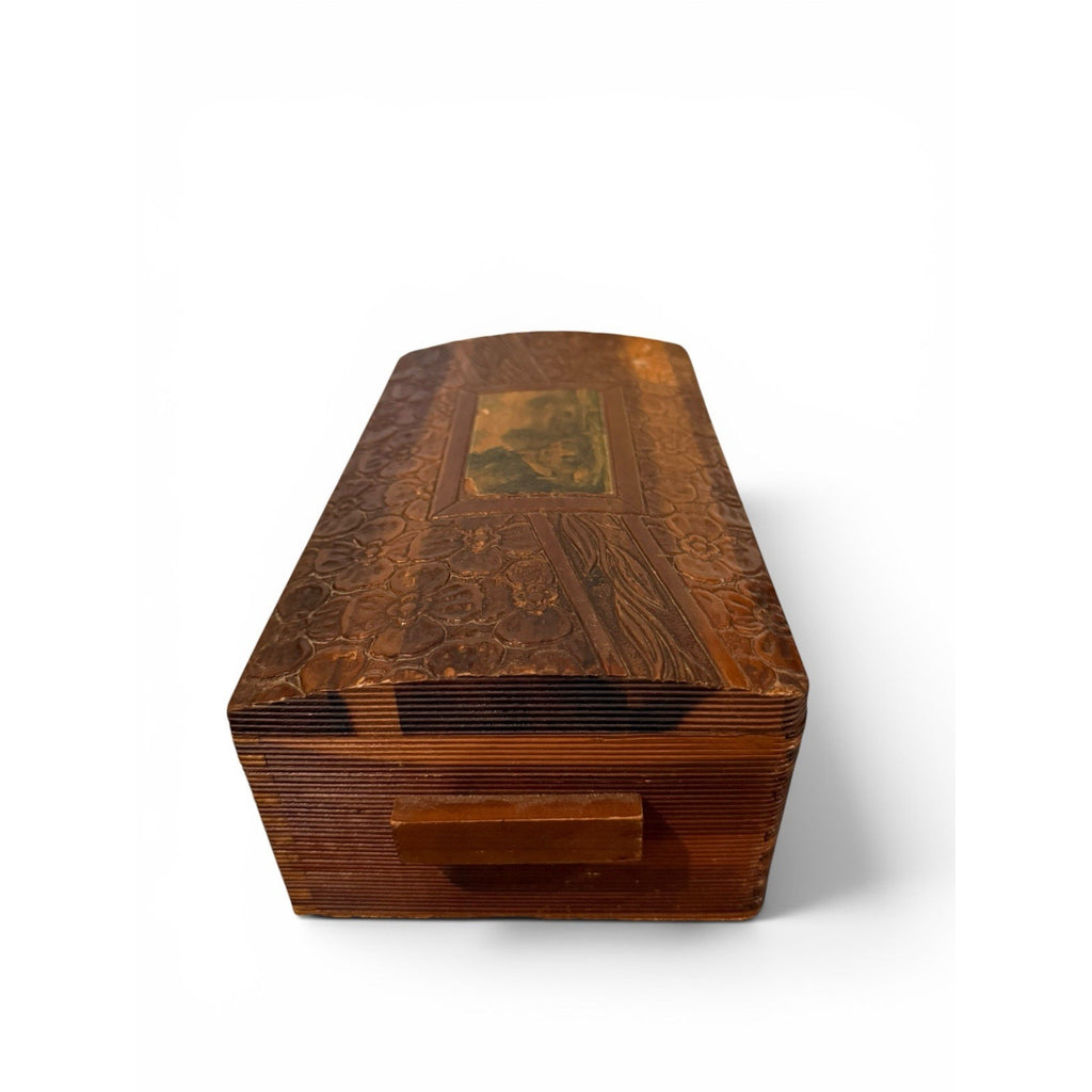 Vintage Hand Carved Wooden Jewelry/Keepsake Box-Floral Carved With Mirror Lid