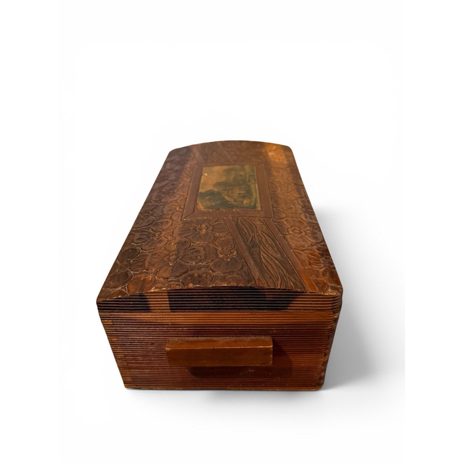 Vintage Hand Carved Wooden Jewelry/Keepsake Box-Floral Carved With Mirror Lid