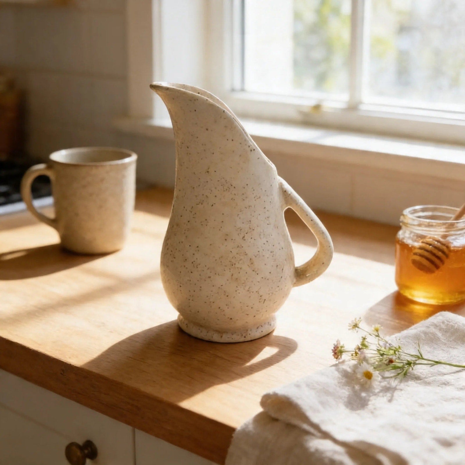 White Ceramic Creamer – Handmade Pink Speckled Jug | Rustic Kitchen Decor Vase