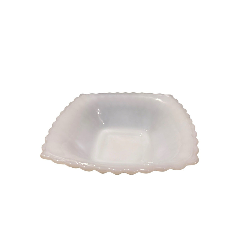 White Milk Glass Square Bowl Scalloped Edge Glossy Finish Decorative