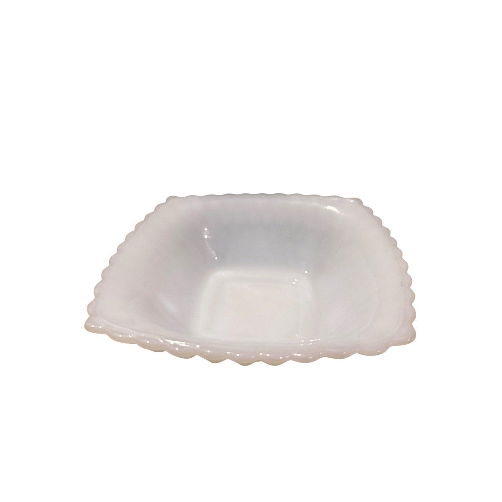 White Milk Glass Square Bowl Scalloped Edge Glossy Finish Decorative