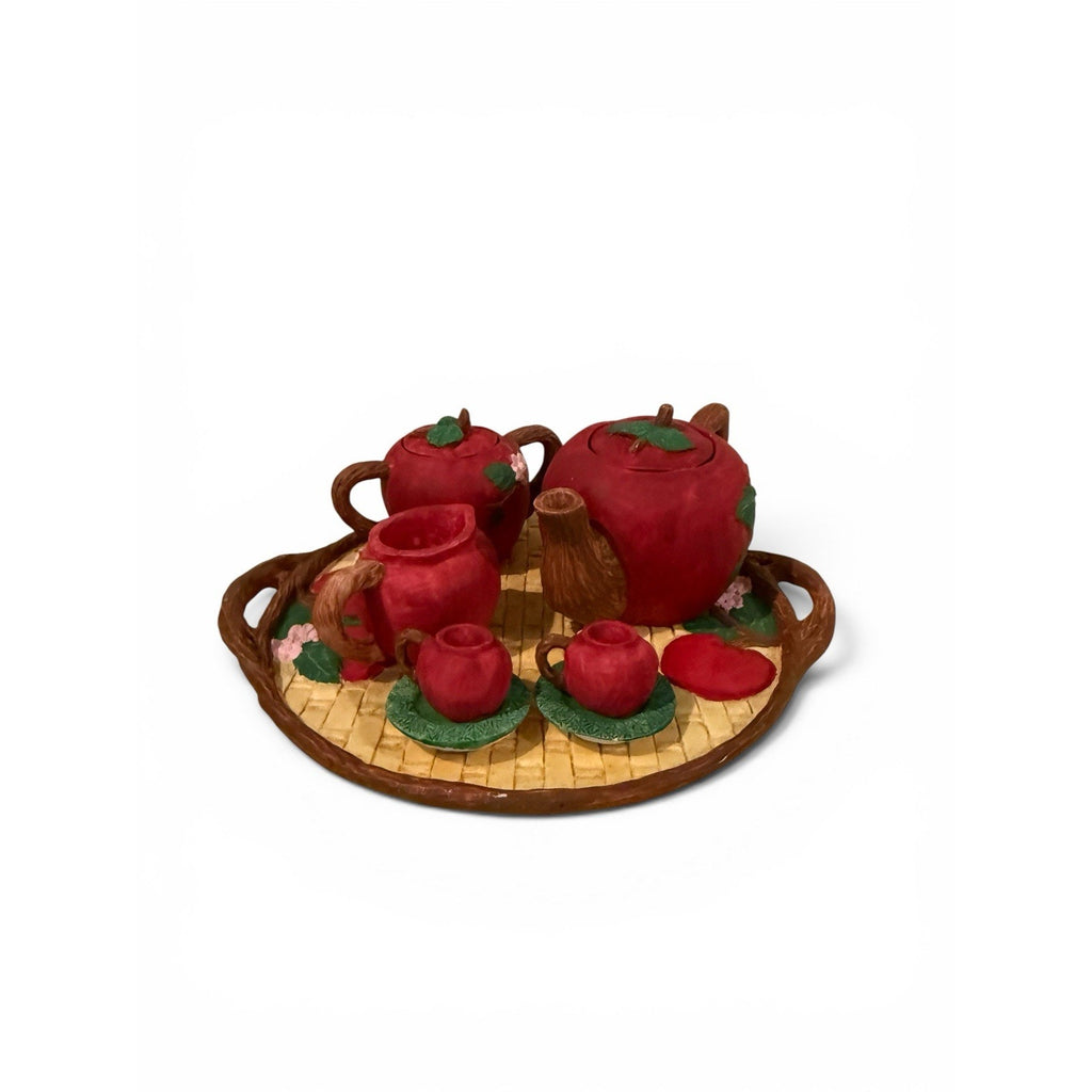 VTG Miniature Apple Tea Set Woven Wicker Look Round Tray Design FREE SHIPPING