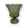 Vintage Avocado Glass Vase 6” tall Ribbed Pedestal Scalloped Edge Round ES051