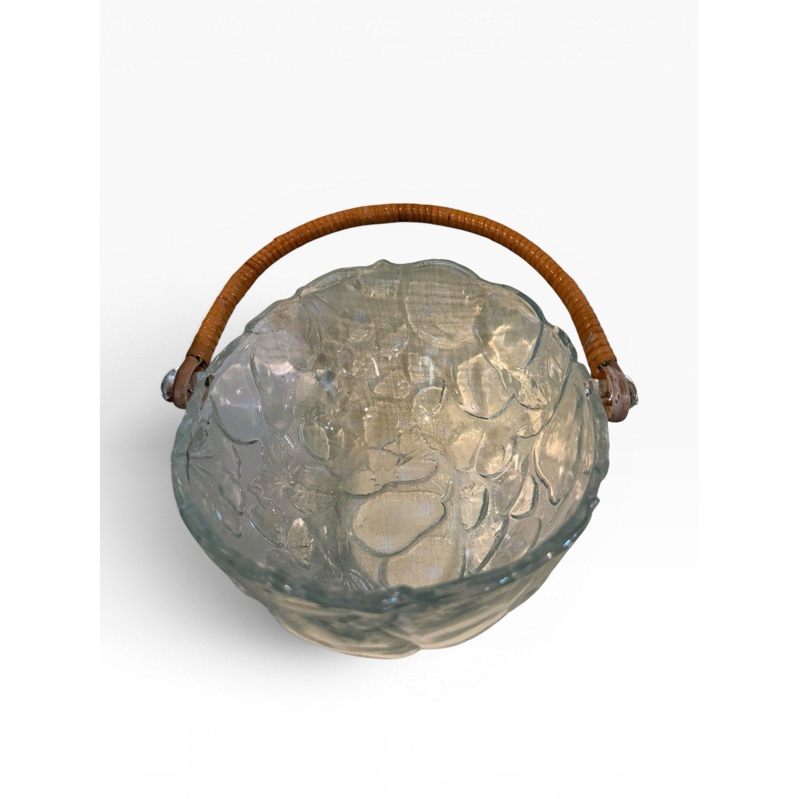 Vintage Glass Oval Bowl Basket Embossed Fruit with Bamboo Ratan Folding Handle