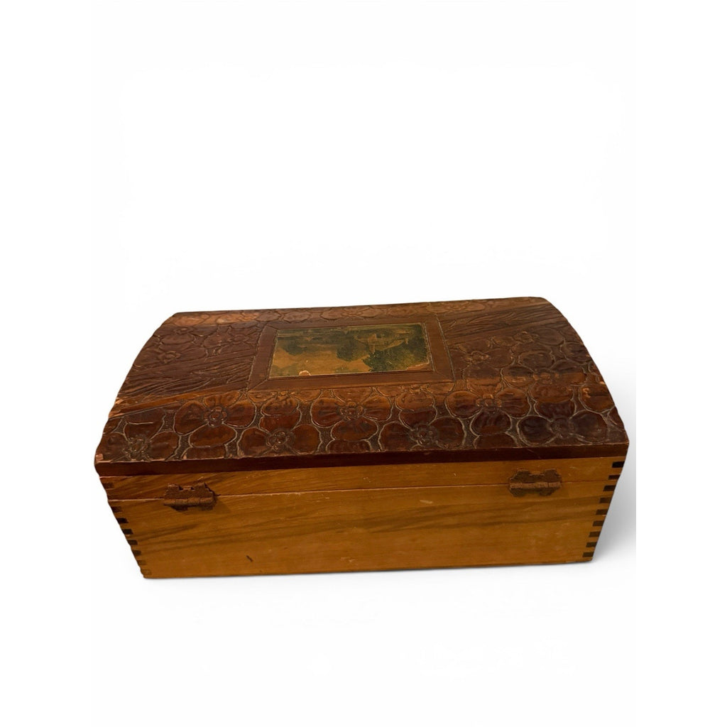 Vintage Hand Carved Wooden Jewelry/Keepsake Box-Floral Carved With Mirror Lid