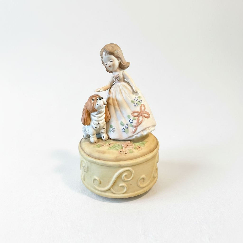 Vintage 1970s Girl with Dog Music Box - Hand-Painted Porcelain Figurine