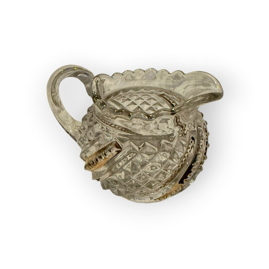 Vintage Brilliant Pressed Glass Creamer Gold Trim Diamond Star Pattern Scalloped
