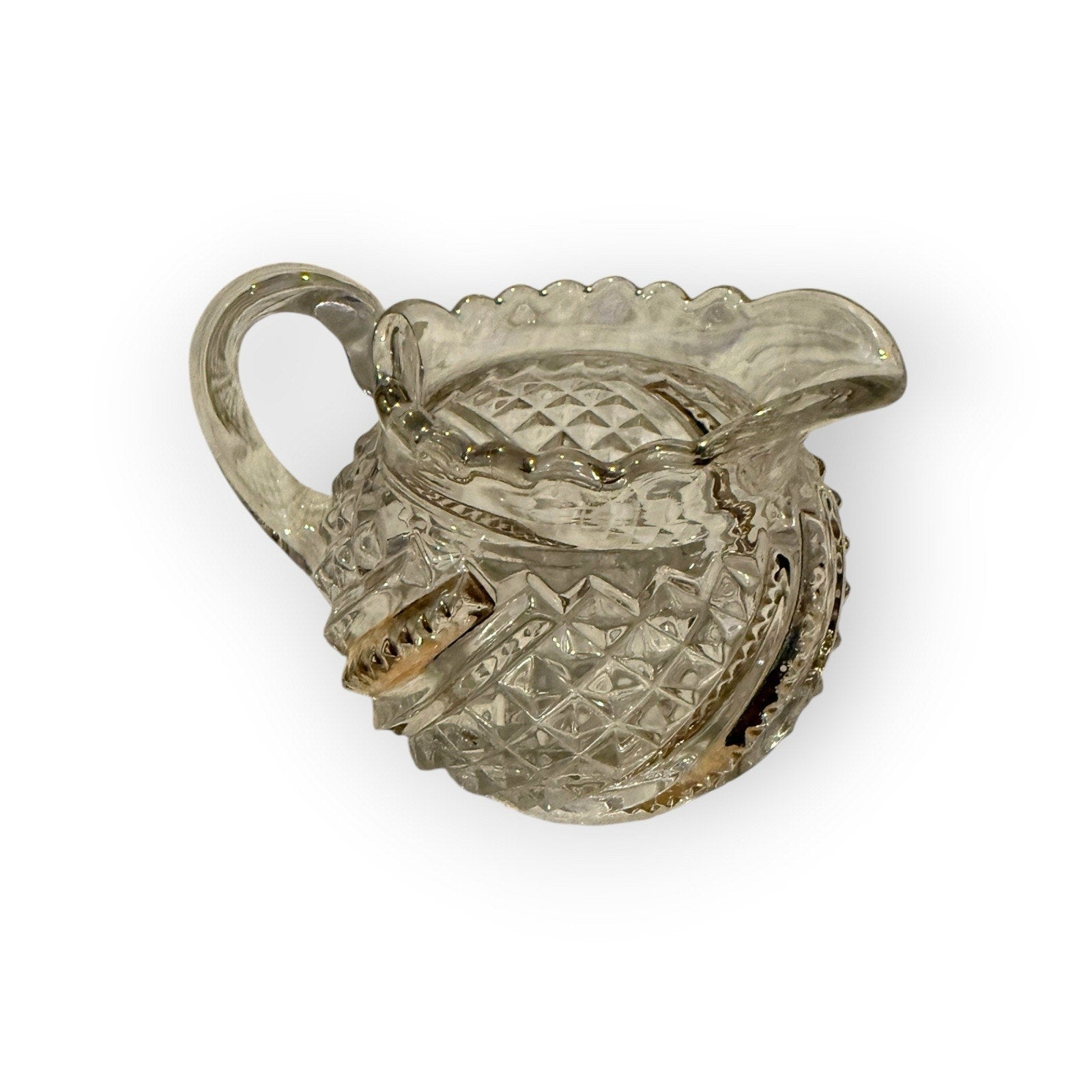 Vintage Brilliant Pressed Glass Creamer Gold Trim Diamond Star Pattern Scalloped