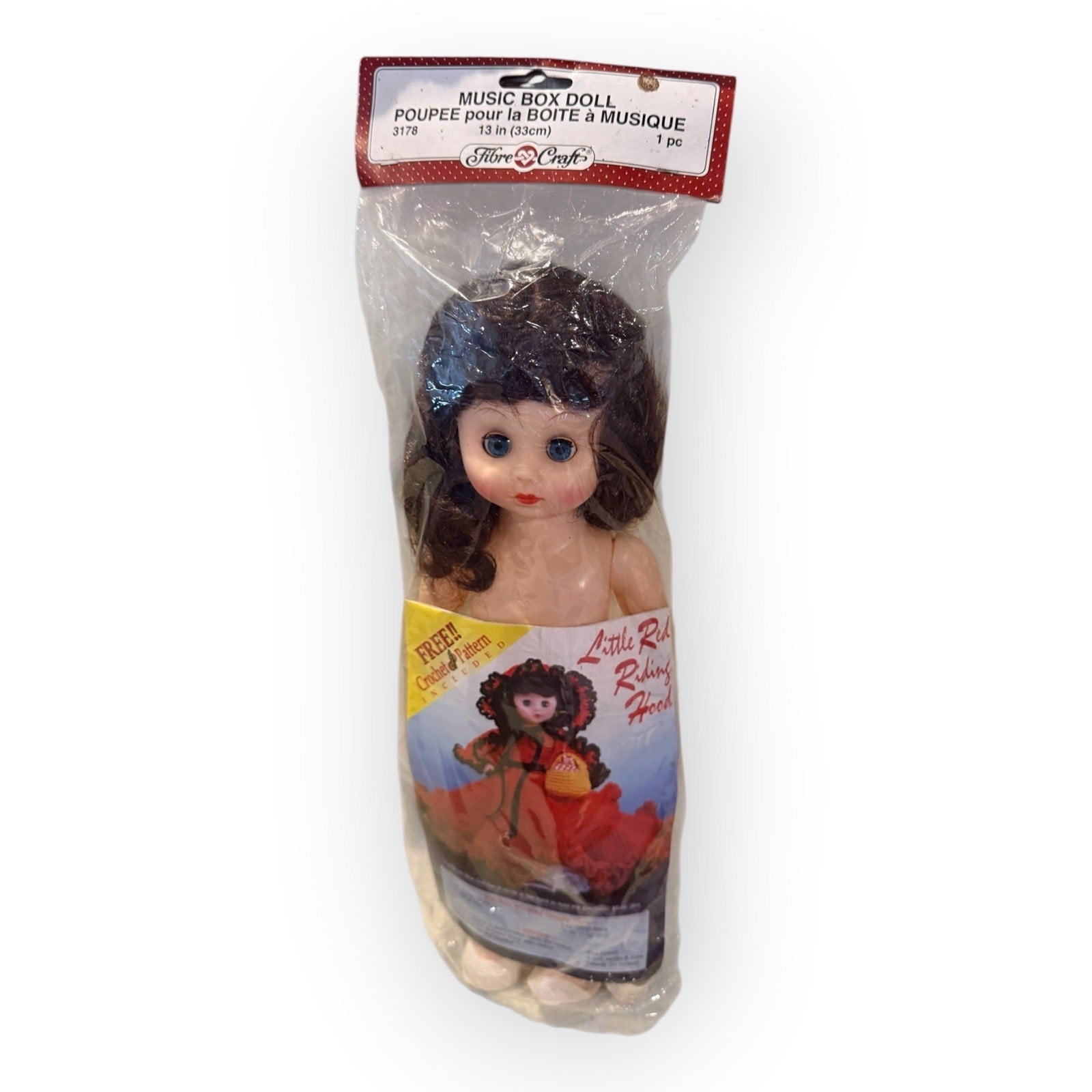 Fibre Craft Music Box Doll 13" White Hair Blue Eyes Red Riding Hood Vintage