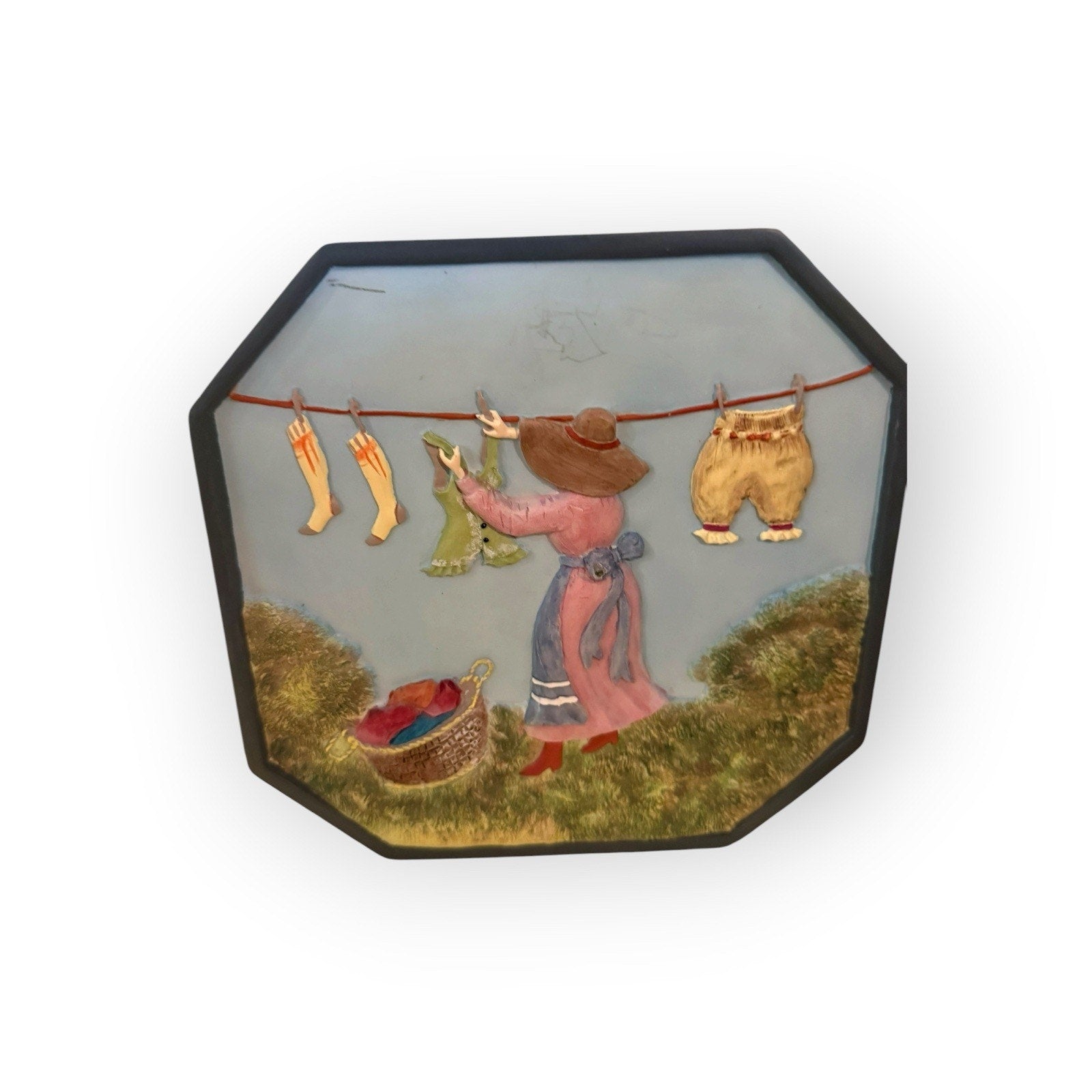 Vintage Heavy 3D Resin Laundry Room Lady Wall Art 7.5”Ready To Hang Octagon