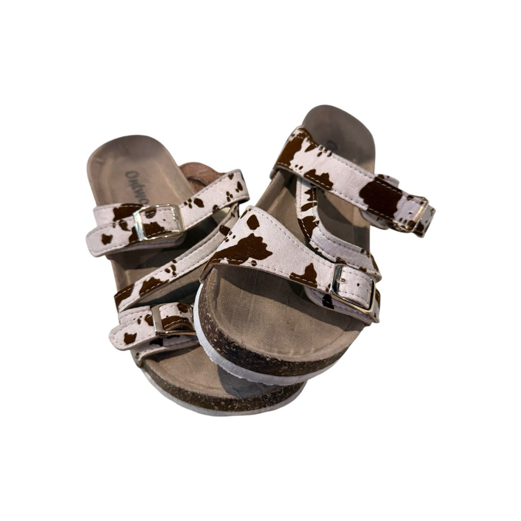 Outwoods Cow Print Sandals Women’s 6 Boho Western Buckle Slides