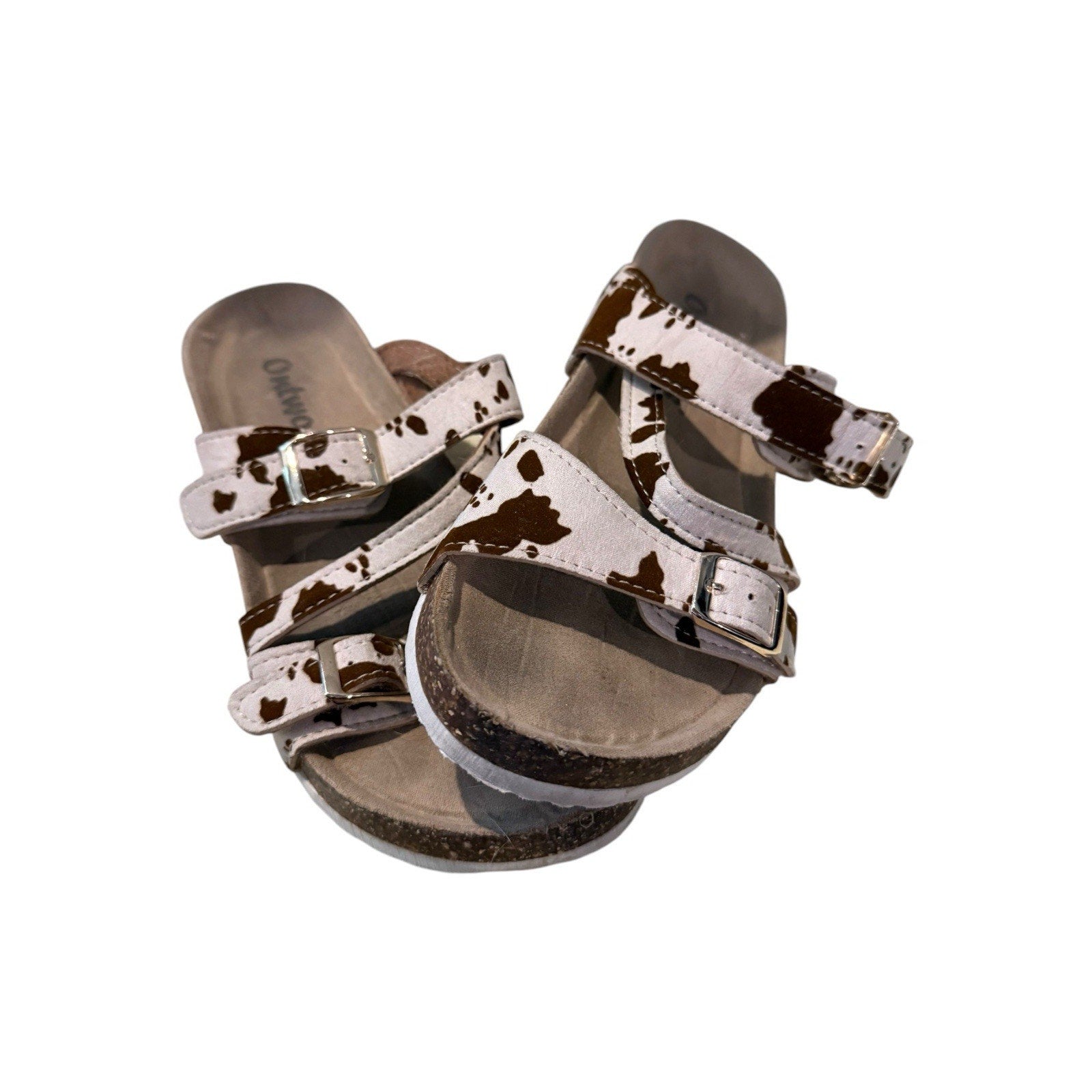 Outwoods Cow Print Sandals Women’s 6 Boho Western Buckle Slides