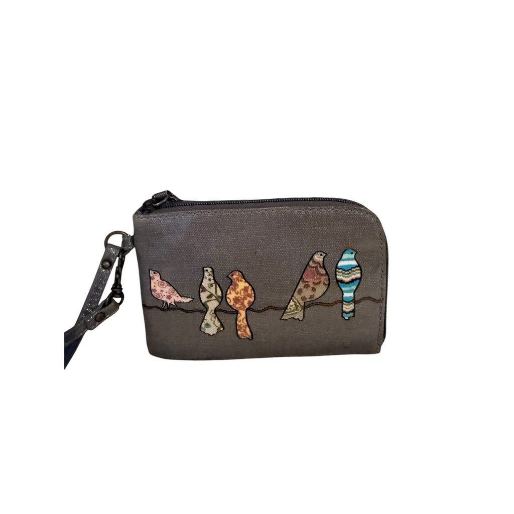 Mariposa Birds on a Wire Zip Around Wristlet Gray Coated Canvas Womens