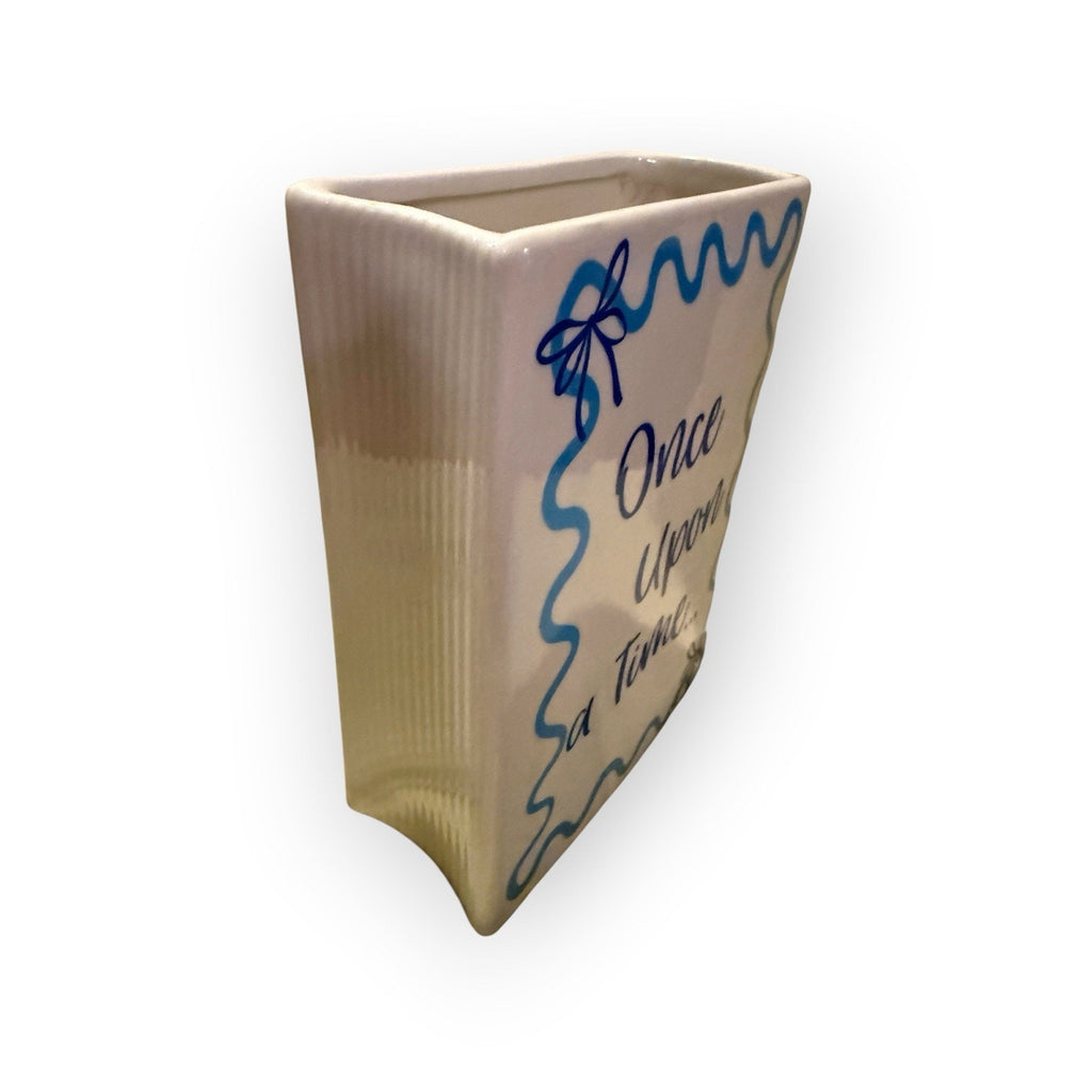 White & Blue Glossy Ceramic Rectangular Flower Vase "Once Upon a Time" Text
